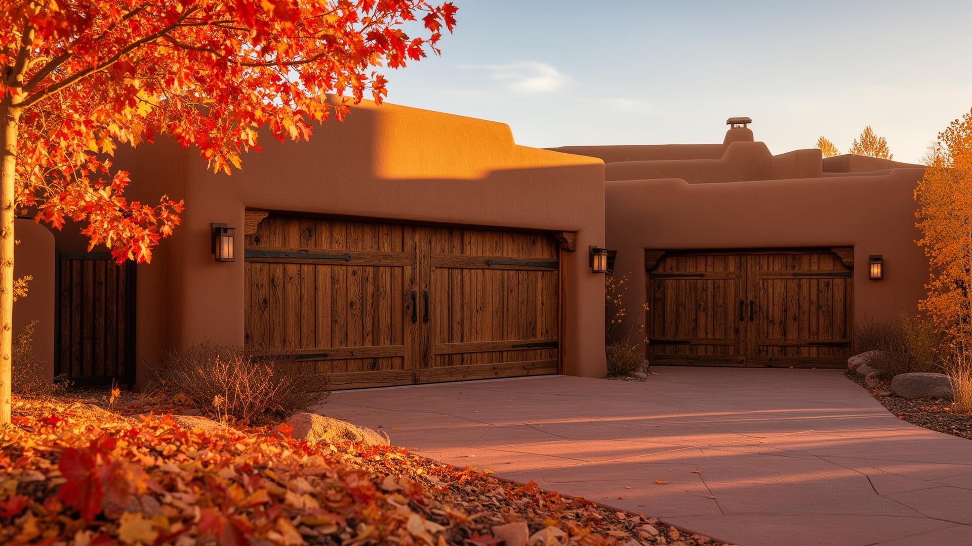 Beautiful rustic wood grain garage doors with iron strap hinges on Southwest adobe home
